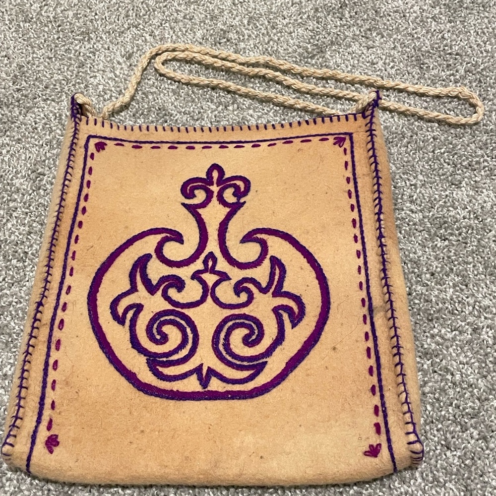 Handcrafted Tan and Purple Embroidered Bag